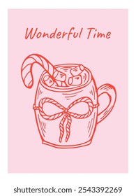 Taza de cacao con mello de marzo y lazo de lazo. Tarjeta de Navidad. Ilustración vectorial de arte de línea dibujada a mano.