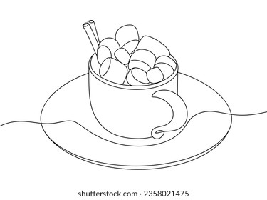 Cup of cocoa with marshmallow and cinnamon stick. Delicious drink. World Cocoa and Chocolate Day. One line drawing for different uses. Vector illustration.