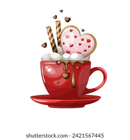 Cup with cocoa marshmallow and gingerbread. Clipart, isolate, vector.