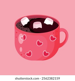 Cup of cocoa with marshmallow. Isolated drink icon. Flat illustration. Design for cafes, coffeeshops, posters, banners, cards, 
advertisement. Valentines day design. Vector illustration.