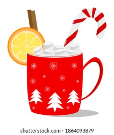 Cup of cocoa with marshmallow, lemon, cinnamon and lollipop. Vector