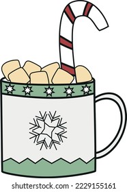 Cup of cocoa with marshmallows and candy, hand drawing, outline drawing, Christmas drink