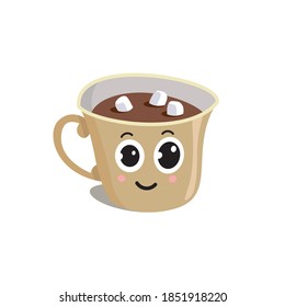 a Cup of cocoa with marshmallows, a cartoon character