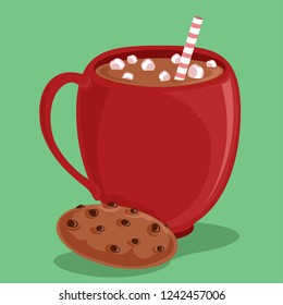 Cup of cocoa with marshmallows and cookie vector illustration