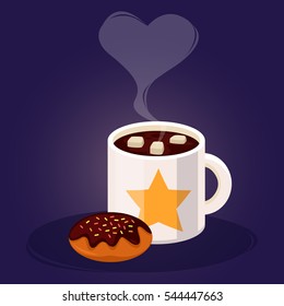 A cup of cocoa with marshmallows. Decorated with a star. Donut. The cloud of steam in the form of heart. Vector cartoon illustration.