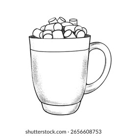 Taza de cacao con malvaviscos, dibujando en estilo gráfico de Vector. Ideal para diseños de invierno, tarjetas de Navidad, decoración de temporada, menús de cafetería y empaques acogedores.