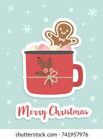 A cup of cocoa with marshmallows and a gingerbread man in it. Cute cartoon background, card, print.