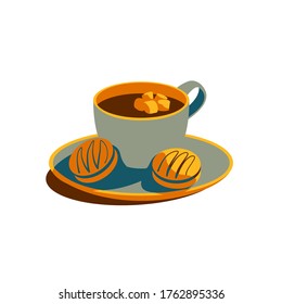 Cup of cocoa with marshmallows. Hot chocolate. Sandwich cookies. Dessert. Sweetness. Vector illustration on white background.