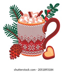 A cup of cocoa with marshmallows in a knitted case and decorated with spruce sprigs, pine cones and cookies.Christmas desert and decorative elements are isolated on white.Vector cartoon illustration.