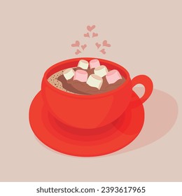 Una taza de cacao con malvaviscos. Copa de cacao rojo con malvaviscos blancos y rosados. 14 de febrero. Invierno. 2024. Día de San Valentín. Ilustración vectorial. Postal, cartel, afiche