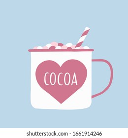 A cup of cocoa with marshmallows and a straw in delicate pink and blue tones.