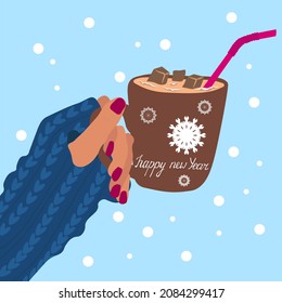 A und mit einer Tasse Kakao . Marshmallows und ein süßes Getränk. Eine Hand in Fäustern. Winter-atmosphärische Illustration. Einfach blauer Hintergrund mit Schnee. Alles Gute zum Neuen Jahr auf der Schleife. Design