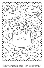 Cup of cocoa with marshmallows. Sweets, dessert. Cute coloring page for kids and adults, black and white vector illustration.