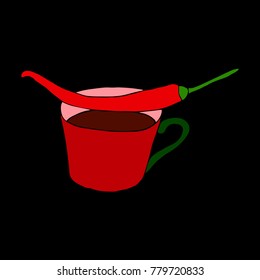 Cup of cocoa and pepper vector illustration. Doodle style. Design, print, decor, textile, paper