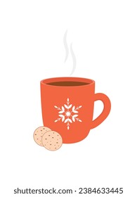 Cup of cocoa with steam and with snowflake, on white background