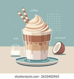 A cup of coconut coffee or latte with whipped cream. Colorful vector illustration for poster, banner, flyer, advertisement, promo, menu.