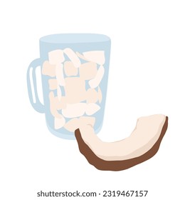 taza de coco, media fruta y hojas. Icono plano de dibujos animados aislado en blanco.