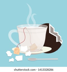 Cup of coconut tea. Tea sachet with pieces of coconut on the saucer. Coconut fruit behind the cup. Smoke on the drink. Spoon in front of cup.