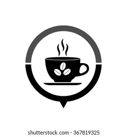 Cup of cofee - black vector icon; map pointer;  message bubble