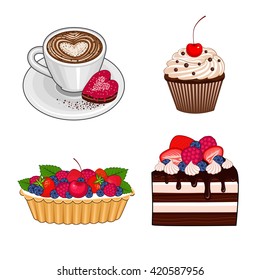 A cup of cofee, cupcake, cake with fruit, piece chocolate cake - vector illustration