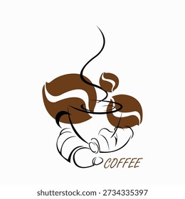 A cup of coffe with a croissant. Color vector illustration on a white background. Created on a graphic tablet. The graphic artwork is intended for print.