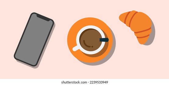 Taza de café con croissant y teléfono. Capuchino, taza con sombra. Vista desde arriba, vista superior. Autooficina. El concepto de desayuno. Símbolo del lugar de trabajo. Estilo plano. Ilustración vectorial.