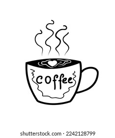 Cup, coffe linear doodle, hand drawing sketch isolated on white background. Kitchen tools collection
