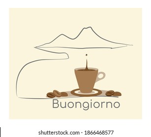 Cup of coffe neapoitan, Mocha neapolitan, Italy, Vesuvio, good morning, wake up, coffee break. Drink, Breakfast cartoon concept. Good mood, energy drink. Flat vector illustration, isolated objects.