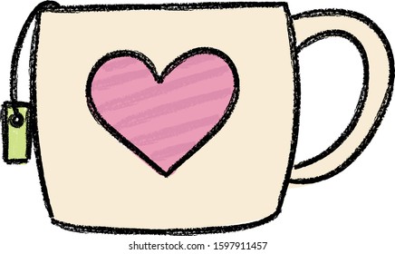 cup of coffe or tea with an adorable pink heart hand drawn illustration crayon texture vector