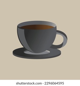 Cup of Coffe or tea icon vector illustration with flat style design. Black cup coffee or tea with black plate isolated on grey bacground 