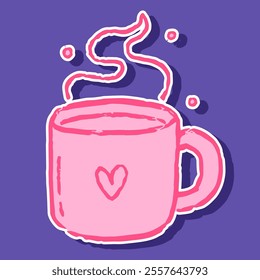 Cup of coffe or tea with love symbol, textured hand drawn style with pink color