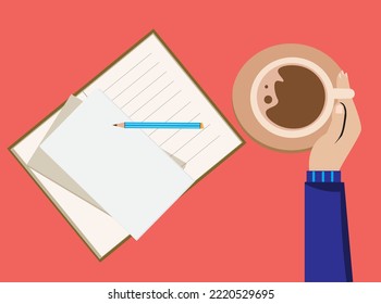 eine Tasse Kaffee-Draufsicht auf dem Arbeitstisch. Eine Tasse Kaffee in der Bürografik.
