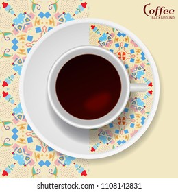 Cup of coffee with abstract geometric ornament on a saucer and seamless pattern. Business coffee break concept, interior design background. Isolated coffee cup and plate decor element