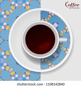 Cup of coffee with abstract geometric ornament on a saucer and seamless pattern. Business coffee break concept, interior design background. Isolated coffee cup and plate decor element