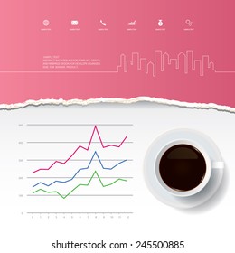 Cup of coffee with abstract ripped paper and business graph. Vector infographic background for template design.
