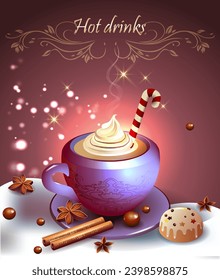 Cup of coffee and coffee accessories in a festive winter atmosphere. Banner, poster for coffee house, restaurant
