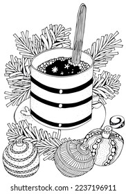 Cup of coffee. Adult Coloring book page. Christmas decoration. Hand-drawn vector illustration. Black and white Pattern. For books 8.5 x 11 inches