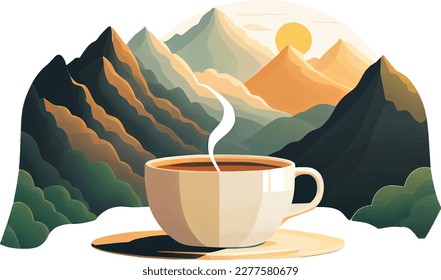 A cup of coffee against the backdrop of mountains