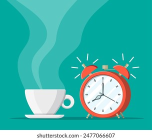 Cup of coffee and alarm clock. Breakfast and morning. Vector illustration in flat style