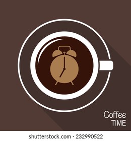 Cup of coffee with alarm clock on its surface. Coffee time or morning coffee cup concept