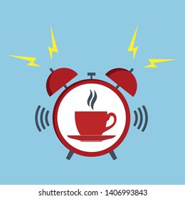 Cup of coffee with alarm clock over blue background. Break time, good morning, drinks menu design concept