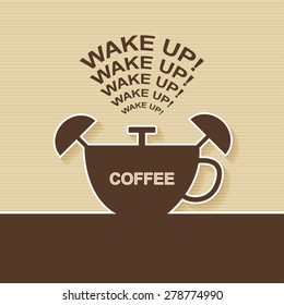 Cup of coffee with alarm clock. Wake up! The concept of early awakening. Morning wake up and deadline. 