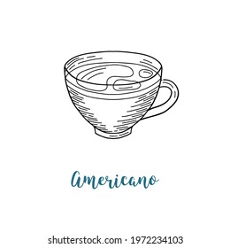 Cup of coffee americano. Outline hand drawn logo. Stock vector illustration.