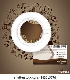 A cup of coffee with application icon and abstract creative business card template. Vector illustration.