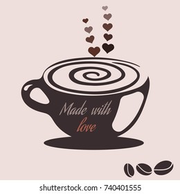 A cup of coffee with aroma-heart. Cute poster in pastel. Vector illustration. Coffee made with love.