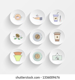 cup of coffee and arrow, serve cup of coffee, hot coffee and coffee beans icons on plate illustration set