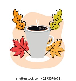 Cup of coffee with autumn leaves. Delicious hot beverage decorated by falling leaves around. Vector illustration. Cozy mood with coffee drink. Flat vector designs for card, poster, web, ads. 
