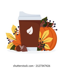 A cup of coffee and autumn leaves, pumpkin and nuts. Autumn coffee. 