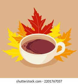 Taza de café con hojas de otoño ilustración vectorial en estilo plano sobre fondo aislado