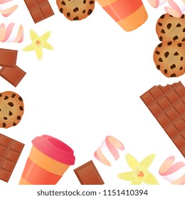 Cup of coffee, a bar of chocolate, cookies, marshmallows. Confectionery background.